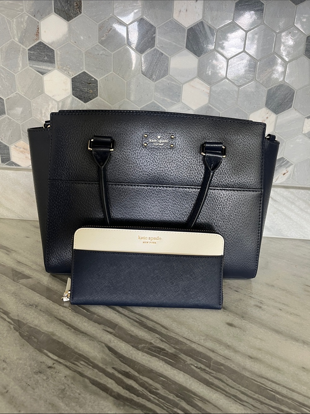 kate spade Navy Tote with Matching Navy/Cream Zip Wallet